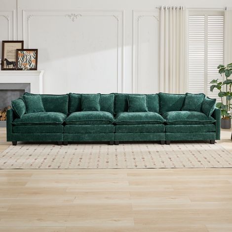 Canapé d'angle moderne 4 places, tissu chenille respirant vert, coussins double couche confortables, idéal salon/chambre/appartement (1/4)