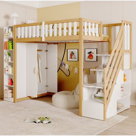 lit enfant mezzanine rangement 90x200 bois blanc OKMYHOME