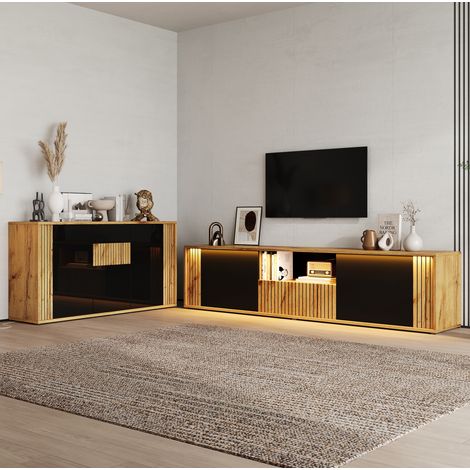 OKWISH Set mobili soggiorno 2 pezzi con mobile TV basso e credenza nero effetto legno (1/3)