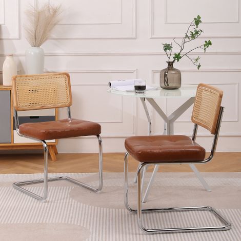 Sedie da pranzo medievali moderne, set di 2 sedie da pranzo in rattan con elementi in similpelle morbida imbottiti, sedie in rattan senza braccioli con schienale in rete, gambe in metallo cromato (mar