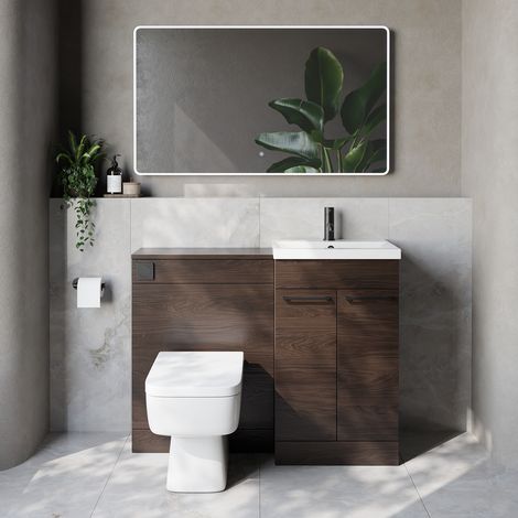 Napoli 390 Cento Brown Oak 1100mm 2 Door Vanity Unit Toilet Suite with Glide Basin - 1100mm - Matt Black 160mm HandleWith Kingston Toilet Pan and Seat