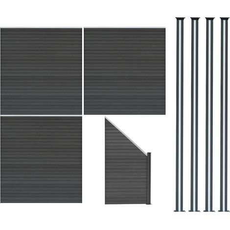 WPC Steckzaun x3, Eckstück x1 & LED Zaunpfosten x4, 1,85m Grau