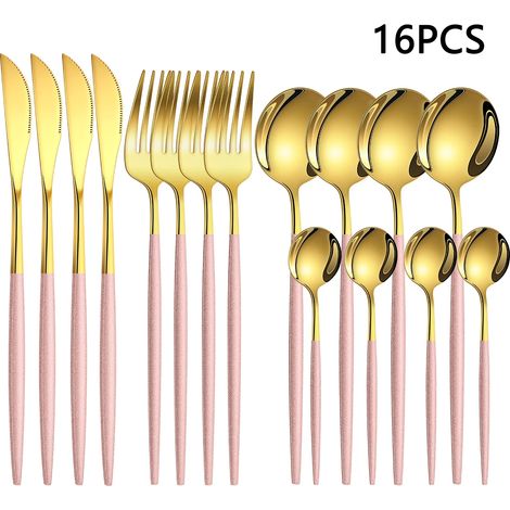 Ensemble de couverts en acier inoxydable rose doré (16 pièces), comprenant un couteau à steak, une fourchette et une cuillère de style occidental. (1/5)