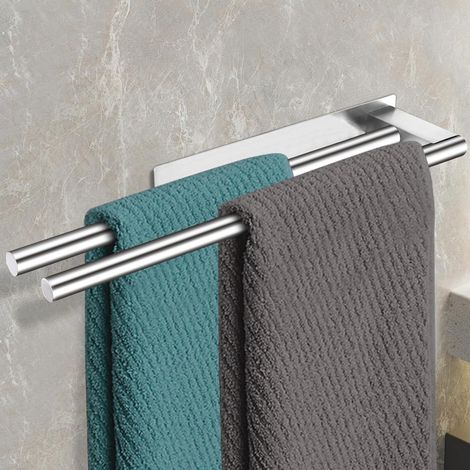 Handtuchhalter ohne Bohren, zweiarmiger Handtuchhalter aus Edelstahl 304, selbstklebend, Wand-Gästehandtuchhalter für Bad und Küche, 39 cm (Silber) (1/5)