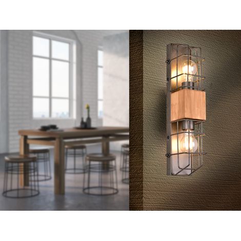 Industrial Wandlampe TINCO 2-flammig mit Gitter und Holz, Höhe 45cm (1/5)