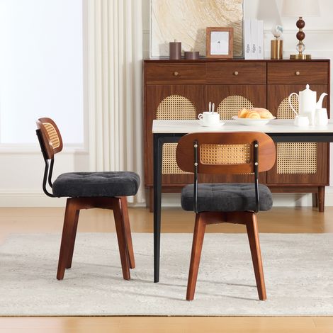 Set de 2 chaises pivotantes 360°, chaises cuisine style mid-century moderne, dossier tressé et assise rembourrée, pour coin repas, noir chenille (1/5)