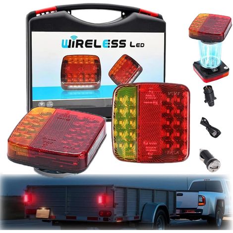 Feux arrière LED sans fil, pour remorque avec aimant (lot de 2), feux arrière LED magnétiques, sans fil, socle magnétique, feu arrière avec feu stop/feu de position/clignotants, homologués ECE, pour r (1/5)