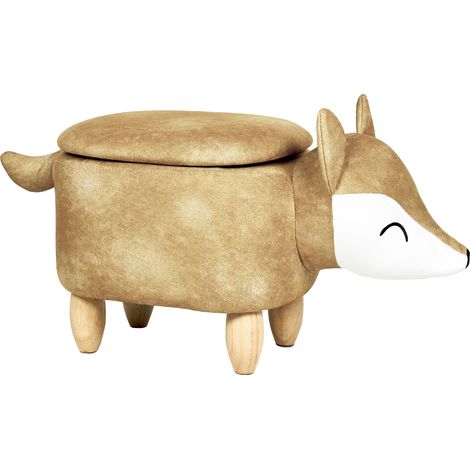 Sgabello contenitore per bambini a forma di volpe in tessuto arancione con gambe in legno Fox
