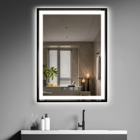 Puluomis – Miroir lumineux de salle de bain 60×80 cm – Antibuée – 3 couleurs de lumière – Tactile – Affichage numérique – Étanche IP44 – Coins arrondis