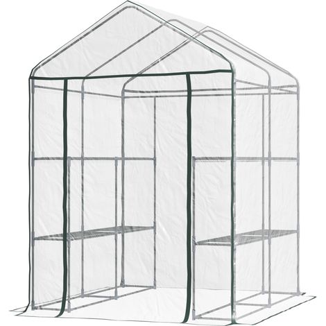 Outsunny Gartengewächshaus mit 3 Regalböden, Balkonüberdachung, strapazierfähiger Abdeckung, Metallrahmen, aufrollbarer Reißverschlusstür, für Gemüse, Pflanzen und Blumen, für drinnen und draußen, 143