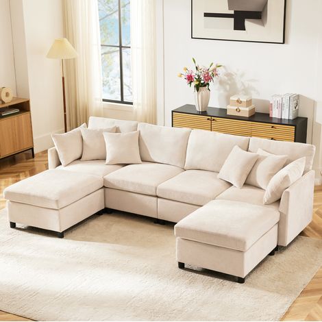 Canapé modulaire 4-6 places convertible en L ou U avec 6 coussins beige HAVRYA (1/5)