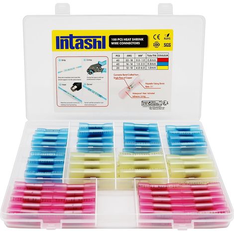FLITI 100-Piece Heat Shrink Connector Kit – Waterproof Insulated Electrical Terminals, Crimp Wire Connectors for Automotive and Marine Wiring – AWG 22-10 Red/Blue/Yellow (1/4)