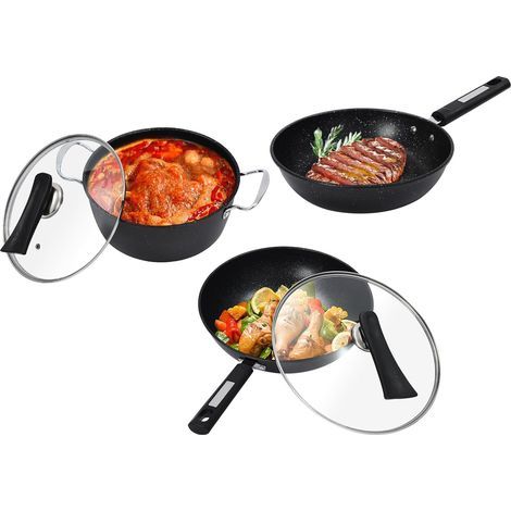 Set aus 3 Pfannen mit Antihaftbeschichtung und Keramikdeckel zur Verwendung in Küchen, Restaurants, Einkaufszentren, Hotels, Imbissstuben, Nachtmärkten usw. (1/5)