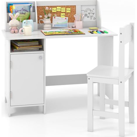 Goplus – Bureau enfant avec chaise 90x45x86cm – Armoire de rangement et bibliothèque – Conception ergonomique et durable – Blanc - Chaise-90x45x86CM-1 (1/5)