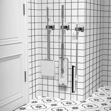 Porte-balai Mural,en Acier Inoxydable, 4pcs Adhésif Mop Support Avec Crochets,Placard à Balais Multifonction,Gris (1/4)