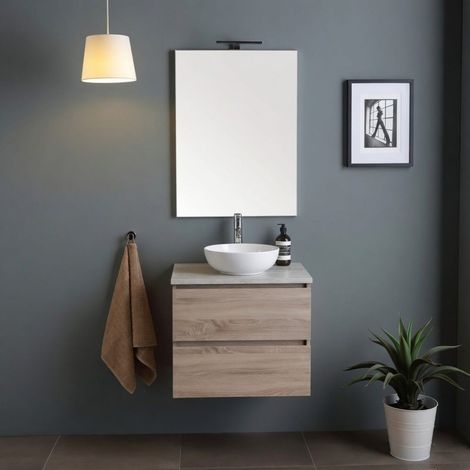 Mobile Bagno Sospeso 60Cm Con Top Beton, Con Specchio E Lampada  Berlin