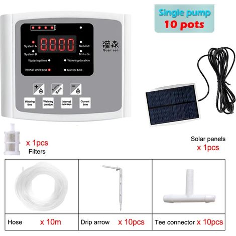(Pompe unique, grise, tuyau de 10 mètres) Système d'irrigation goutte à goutte pour jardin, programmateur, énergie solaire. (1/4)