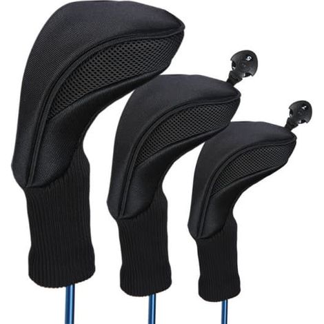 3-teiliges Golfschläger-Kopfschutzset (für Driver und Fairwayhölzer mit langem Hals, schwarz) (1/4)