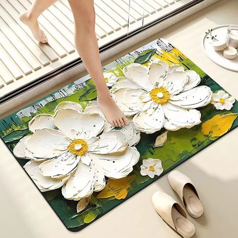 Tapis de bain en diatomite absorbant – Tapis antidérapant et résistant à la saleté, motif peinture à l’huile bleu clair, 60 x 90 cm-lsw