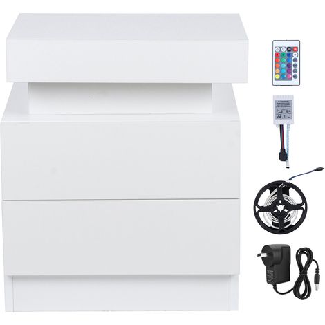 Table de chevet LED Blanc Brillant 2 Tiroirs Push-to-Open Rangement Compact 45x35cm Ambiance Lumineuse Moderne (1/5)