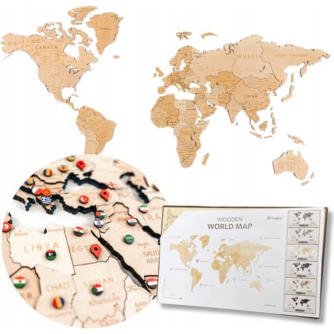 Mappa del mondo in legno con effetto 3D XL 130 x 72 cm + 204 adesivi extra (1/5)