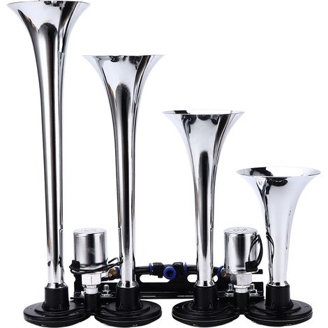 Kit 4 Trompes Avertisseur Pneumatique 12-24V 130dB Train Klaxon pour Camion Voiture Van Bateau (1/5)
