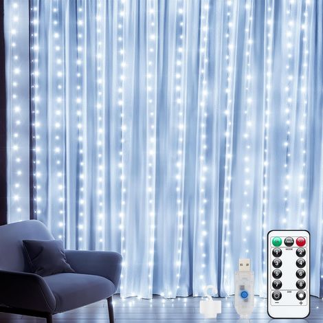 Guirlande Lumineuse 3m×3m USB Rideau Lumineux Noël Intérieur, 300 LED, 8 Modes Télécommande, Minuterie, Luminosité Réglable, Décoration LED Noël Mariage Blanc Froid