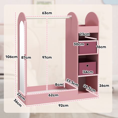 Porte-manteau pour enfants (avec étagères, boîtes de rangement et miroir en bois), rose (1/5)