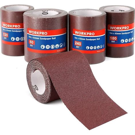 Lot de 4 rouleaux abrasifs auto-agrippants 93mm x 5m – Grains 60/120/180/240 – Pour ponçage bois, métal, plastique, verre