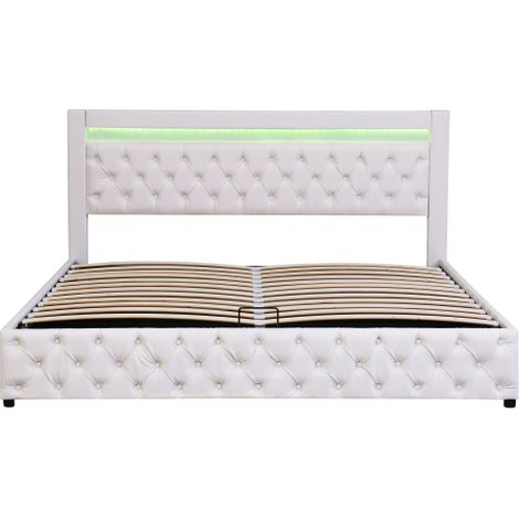 Lit rembourré 180×200 cm, LED, coffre, sommier, PU blanc