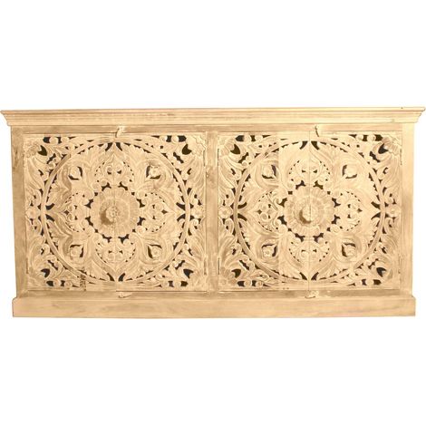 Buffet Bas de Rangement en Bois de Manguier Sculpté Ton Naturel Clair 4 Portes - PANGIVO (1/3)