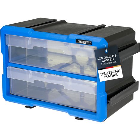 HMF Sortierbox für Kleinteile mit 2 Schubladen, erweiterbarer Sortimentskasten für Schrauben und Werkzeug, 4 Fächer, 29,5 x 19,5 x 16 cm, Blau-Schwarz