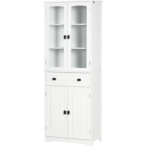Buffet haut cuisine 4 portes 2 vitrées 1 tiroir 160 cm étagères bois blanc