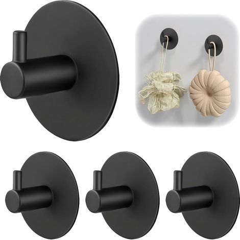 4 ganchos adhesivos de pared de acero inoxidable negro, no requieren perforación, para ropa, sombreros y bolsos en el baño.
