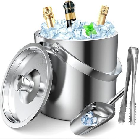 Seau à glaçons en acier inoxydable de 2 l avec design à double paroi, pelle à glace et pinces (1/5)