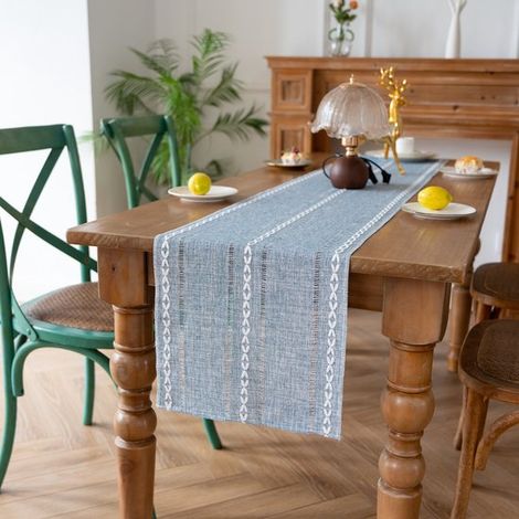 Camino de mesa rústico de algodón y lino, decoración hueca bordada de temporada para mesa de comedor o cocina, color gris azulado, 35 x 180 cm (1/5)