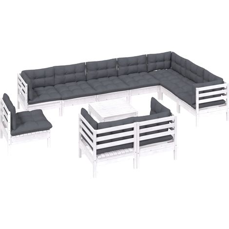 vidaXL Salon de jardin 11 pcs avec coussins blanc bois de pin solide (1/5)