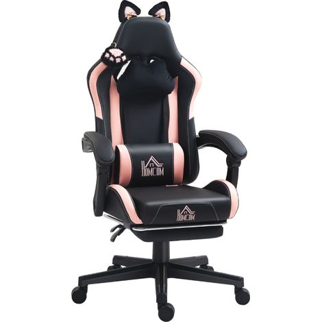 Gamingstuhl mit Katzenohren, verstellbarer Rückenlehne und ausziehbarer Fußstütze, schwarz/rosa (1/3)