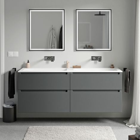 Unterschrank Bernstein VIREO 160cm mit Mineralguss Waschbecken CREAM Badmöbel: Anthrazit matt, Waschbecken: Weiß matt ohne Hahnloch (1/5)