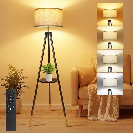 Lampadaire Trépied Dimmable avec Télécommande, Noir Doré 4 températures de couleur, minuterie 1H, bois, abat-jour en lin, salon, chambre, bureau (1/5)