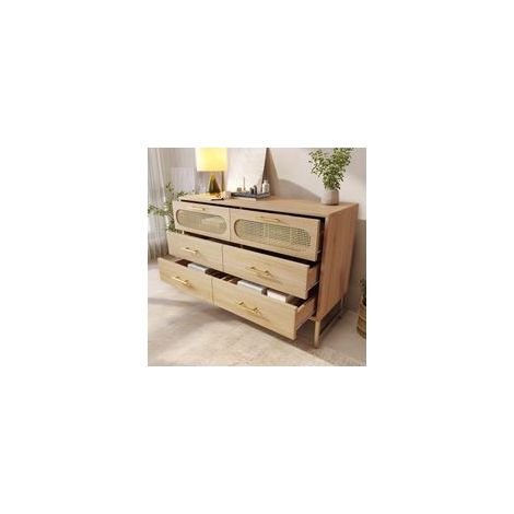 Commode en rotin à 6 tiroirs, pour salon et chambre, poignées en métal, chêne (1/5)