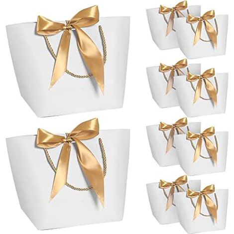 Sac Cadeau Avec Ruban - Papier Kraft Crème Jaune - 28 x 20 x 10 cm - Poignées en Papier - Lot de 10 (1/5)