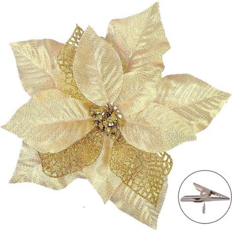 Fleur Artificielle De Noël - Poinsettia Rouge Et Or - 20 cm - Pour Arbre De Noël Guirlande Couronne Décoration Intérieure - 1 Pièce (1/5)