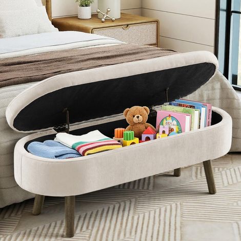 Banc de rangement multifonction en velours côtelé doux, pieds en bois massif, cadre en bois, 20L de stockage, 110x40x42cm, pour chambre, salon, banc à chaussures, entrée, beige. (1/5)