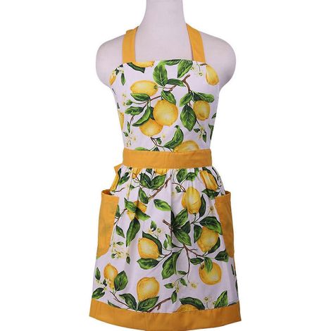 Küchenschürze mit grünem Blätter- und Zitronenmuster, Taschen, ärmellos, mit Nacken- und Taillenband, für Erwachsene und Frauen, ideal zum Kochen, Malen und Gärtnern. Baumwollschürze, Geschenkidee.