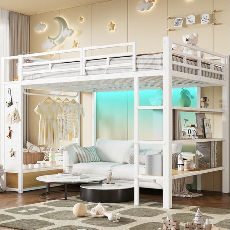 Letto a soppalco in metallo bianco 140x200 con armadio aperto, ripiani, pannello forato e LED (1/5)