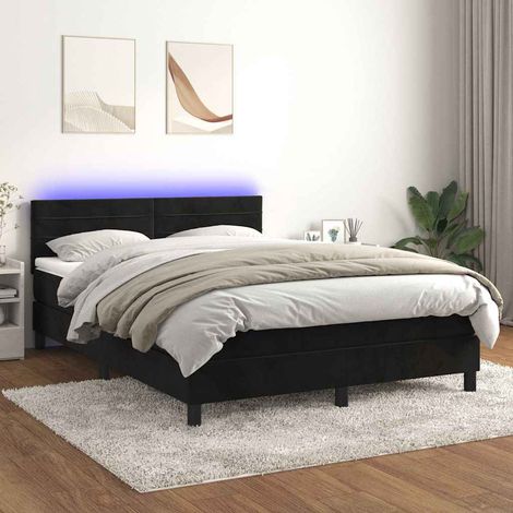 Cama box spring colchón y LED terciopelo negro 140x190 cm (1/5)