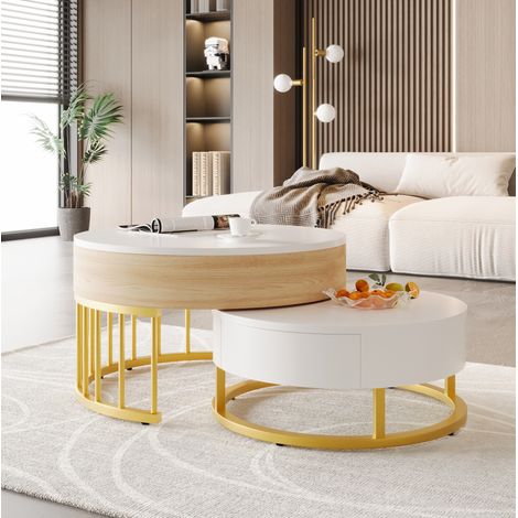 Mesas de centro redondas nido, elevable con cajón, MDF blanco y dorado DESVIAE (1/5)