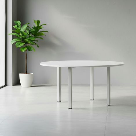 Tavolo rotondo Leccino 120x120 con Gambe Regolabili in Altezza – Bianco e Alluminio (1/3)