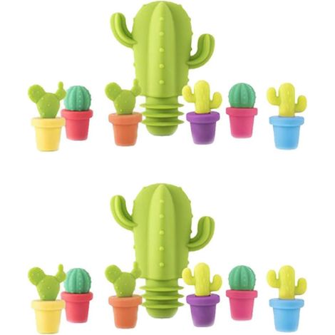 Bouchons de Bouteille Sets de 14 Lot de 2 Couleur Aléatoire en Silicone Flexibles de Cactus, Marqueurs de Boisson Réutilisables et Compatibles Lave-vaisselle (1/5)